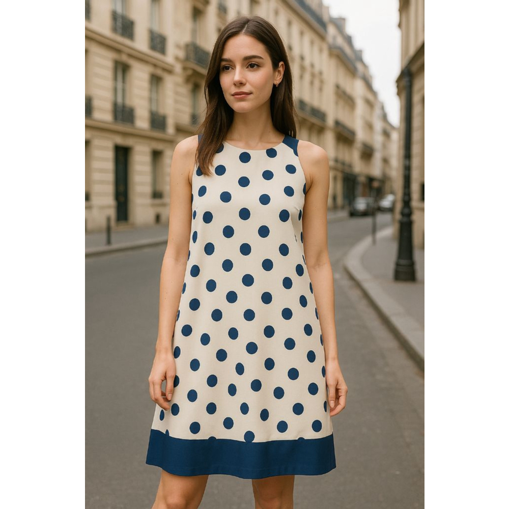 Forever 21 M Beige Blue Polka Dot Sleeveless Shift Dress